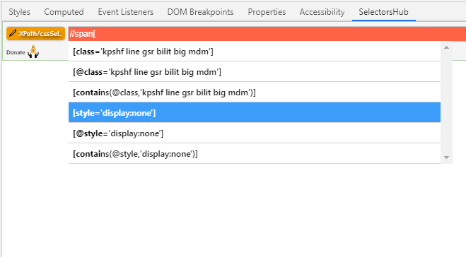 Image of SelectorsHub that highlights the mix of CSS selectors and XPath predicates.